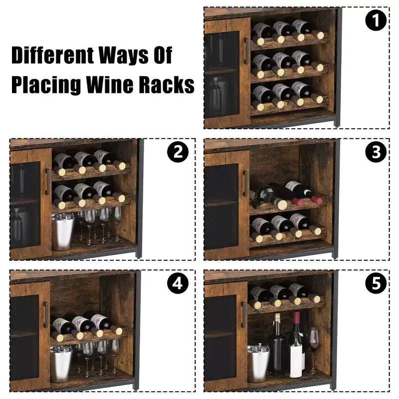 Mobile Bar per Vino con Portabottiglie, Portabicchieri e Anta a Rete, Credenza Industriale