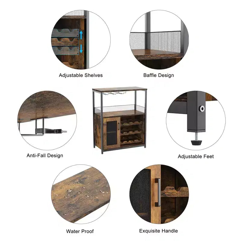Mobile Bar per Vino con Portabottiglie, Portabicchieri e Anta a Rete, Credenza Industriale