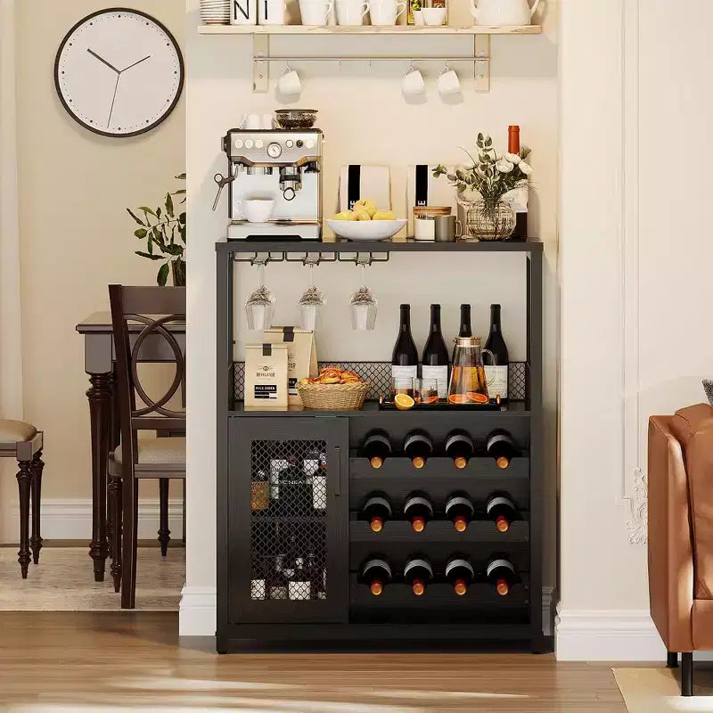 Mobile Bar per Vino con Portabottiglie, Portabicchieri e Anta a Rete, Credenza Industriale