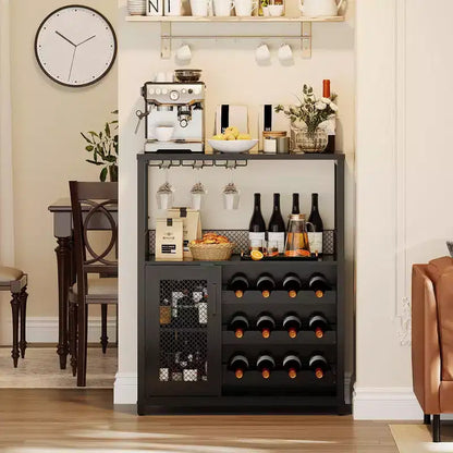 Mobile Bar per Vino con Portabottiglie, Portabicchieri e Anta a Rete, Credenza Industriale