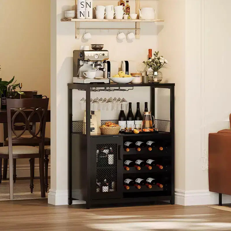 Mobile Bar per Vino con Portabottiglie, Portabicchieri e Anta a Rete, Credenza Industriale