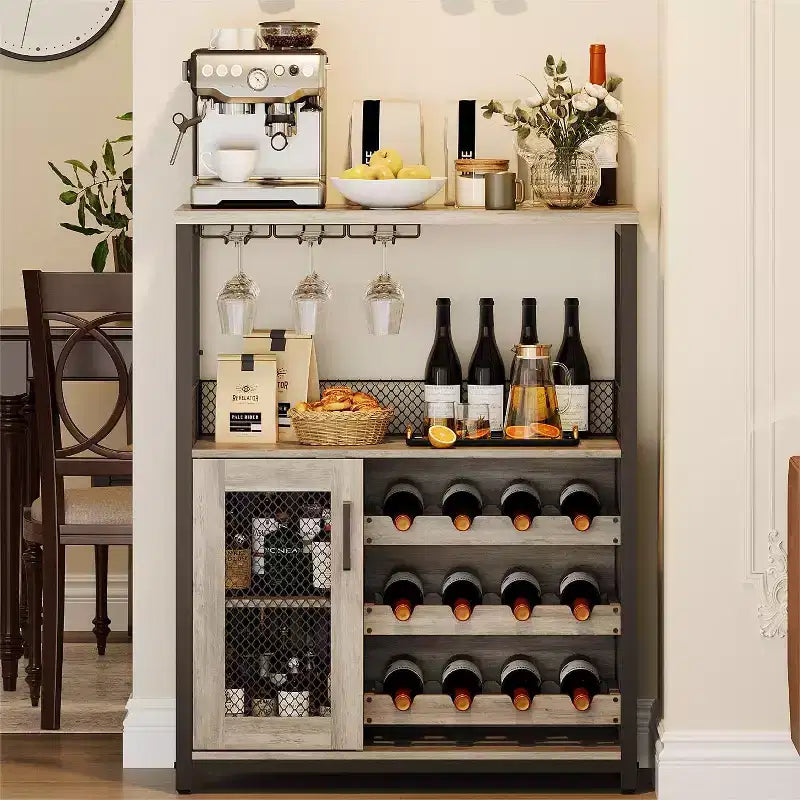 Mobile Bar per Vino con Portabottiglie, Portabicchieri e Anta a Rete, Credenza Industriale