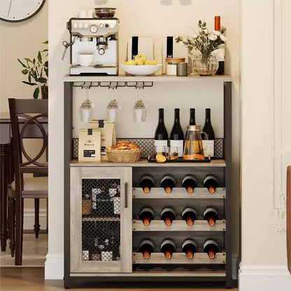 Mobile Bar per Vino con Portabottiglie, Portabicchieri e Anta a Rete, Credenza Industriale