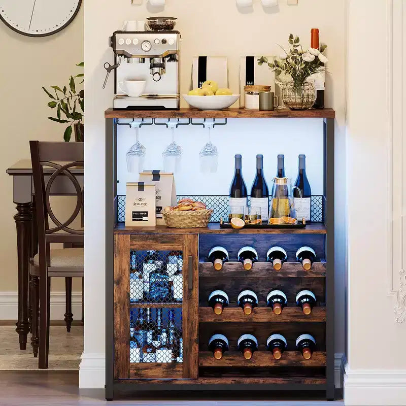 Mobile Bar per Vino con Portabottiglie, Portabicchieri e Anta a Rete, Credenza Industriale
