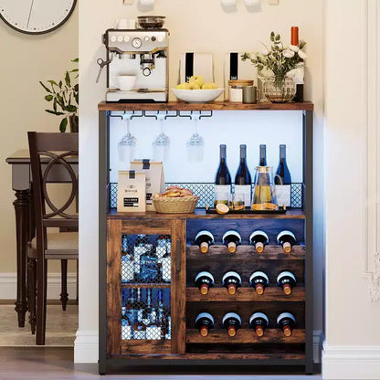 Mobile Bar per Vino con Portabottiglie, Portabicchieri e Anta a Rete, Credenza Industriale