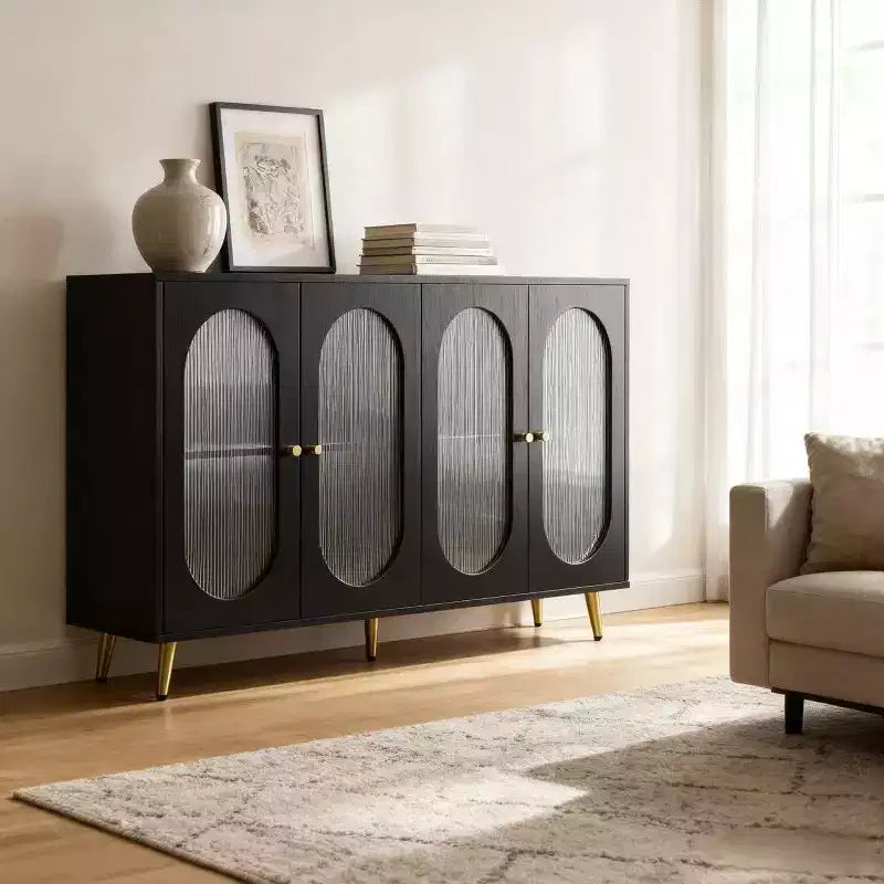 Homy Casa 4-Door Decorative Storage Cabinet with Fluted Doors and Metal Legs for Living Room or Dining Area, Black