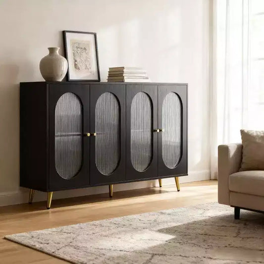 Homy Casa 4-Door Decorative Storage Cabinet with Fluted Doors and Metal Legs for Living Room or Dining Area, Black