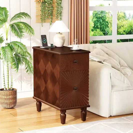 Whisen Modern and Narrow Sofa Side Table & Nightstand with 2 Drawers for Living Room, Bedroom - Walnut