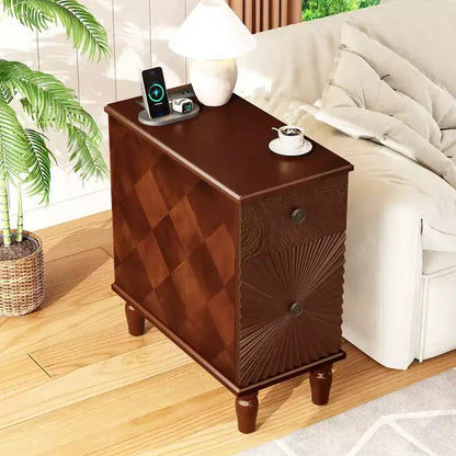 Tavolino laterale/Comodino moderno e stretto con 2 cassetti, Noce