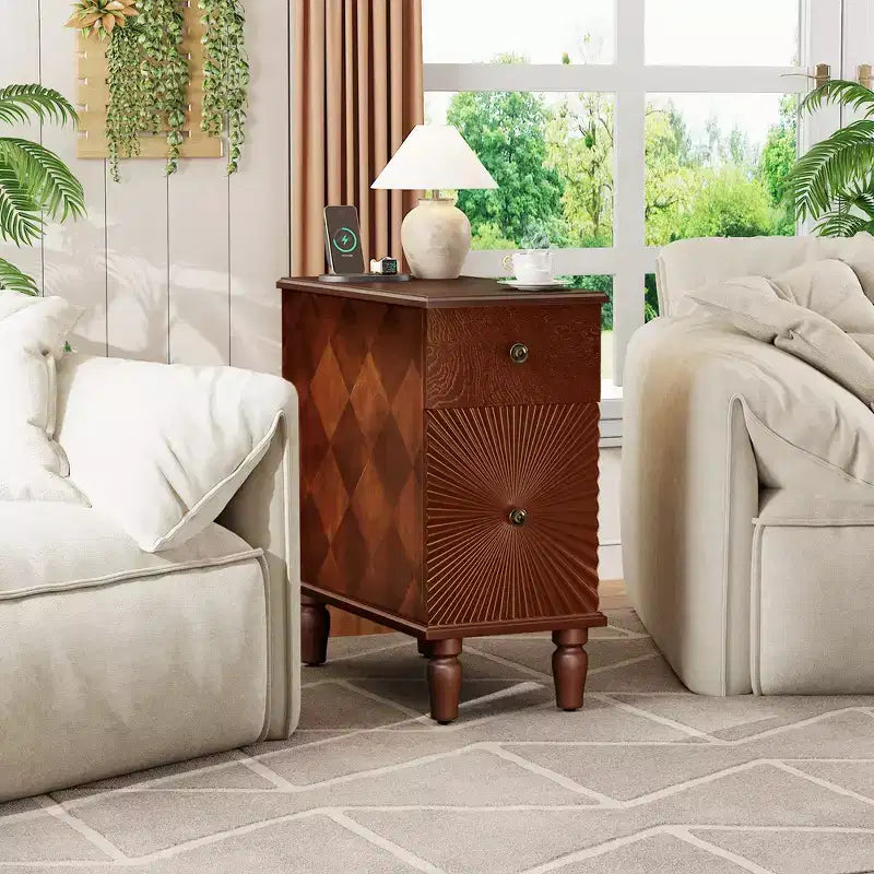 Tavolino laterale/Comodino moderno e stretto con 2 cassetti, Noce
