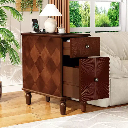 Tavolino laterale/Comodino moderno e stretto con 2 cassetti, Noce