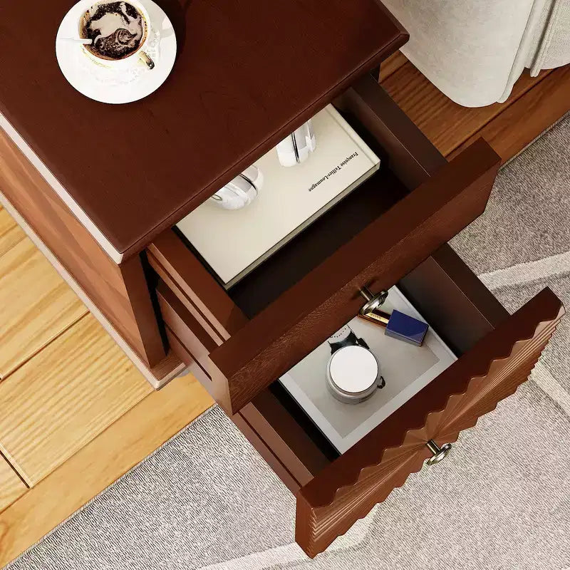 Tavolino laterale/Comodino moderno e stretto con 2 cassetti, Noce