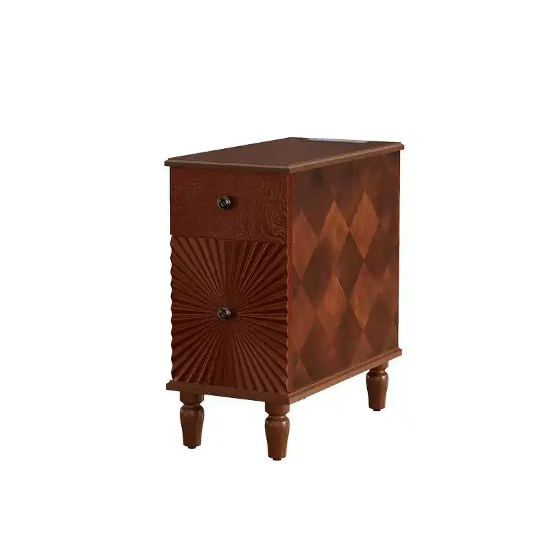Tavolino laterale/Comodino moderno e stretto con 2 cassetti, Noce