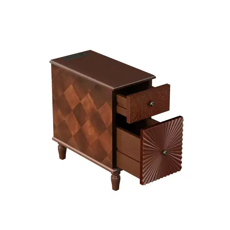 Tavolino laterale/Comodino moderno e stretto con 2 cassetti, Noce