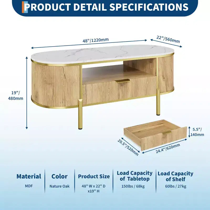 Tavolino da caffè moderno scanalato, tavolino ovale da 48 pollici con cassetti, piano in finto marmo, finiture in metallo, tavolino da centro in rovere naturale per soggiorno