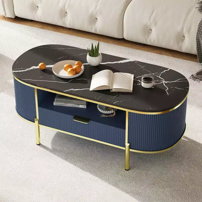 Tavolino da caffè moderno scanalato, tavolino ovale da 48 pollici con cassetti, piano in finto marmo, finiture in metallo, tavolino da centro in rovere naturale per soggiorno