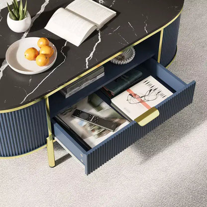 Tavolino da caffè moderno scanalato, tavolino ovale da 48 pollici con cassetti, piano in finto marmo, finiture in metallo, tavolino da centro in rovere naturale per soggiorno