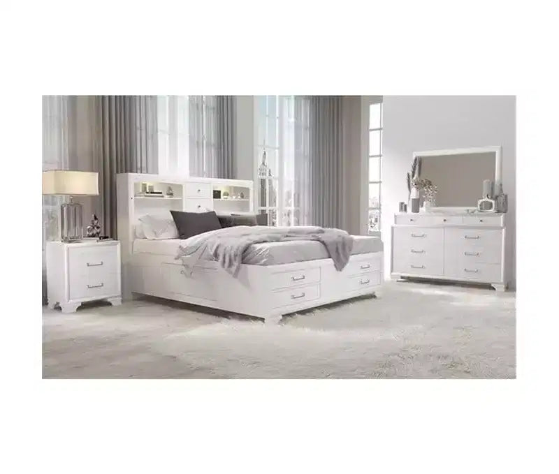 Specchio da parete con cornice bianca dal design contemporaneo e semplice, elemento d'arredo per la camera da letto