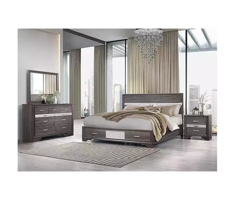 Specchio da parete Modern Seville con elegante bordo in legno, finitura grigia