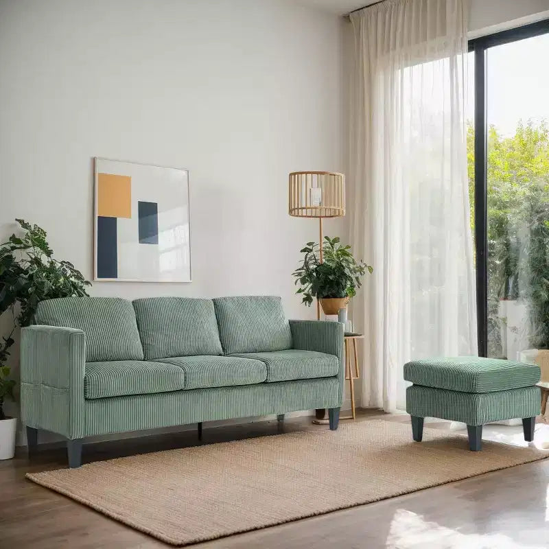 Divano sezionale a L a 4 posti in velluto con chaise longue e velluto a coste imbottito, verde oliva
