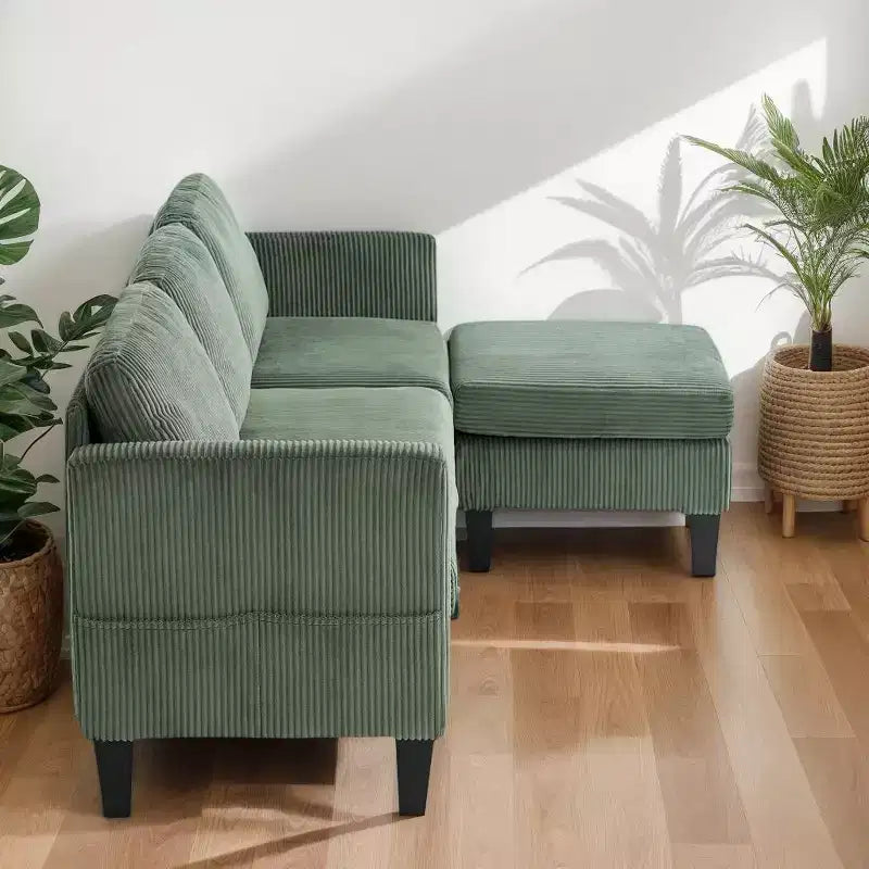 Divano sezionale a L a 4 posti in velluto con chaise longue e velluto a coste imbottito, verde oliva