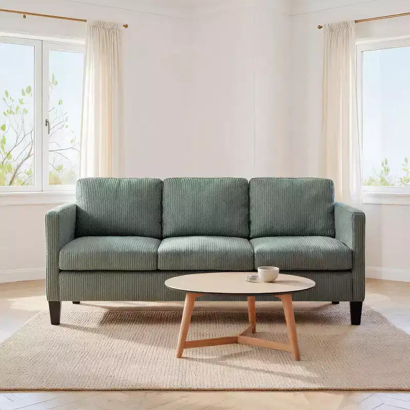 Divano sezionale a L a 4 posti in velluto con chaise longue e velluto a coste imbottito, verde oliva