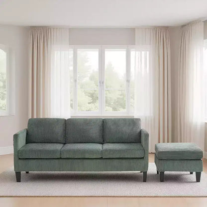 Divano sezionale a L a 4 posti in velluto con chaise longue e velluto a coste imbottito, verde oliva