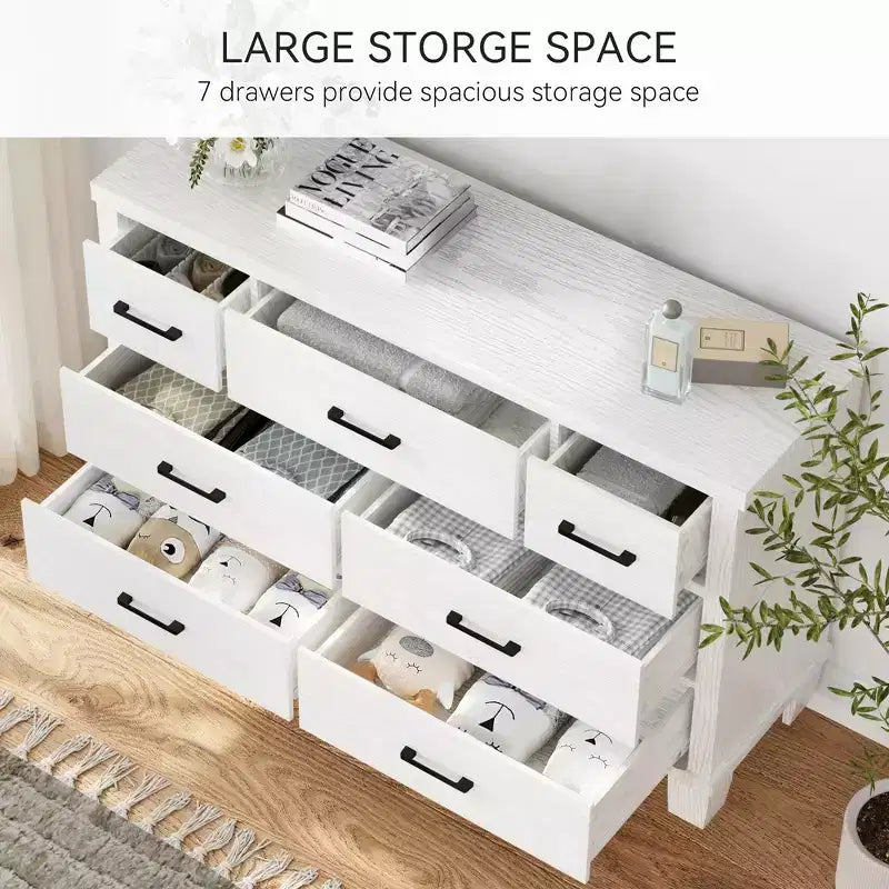 Comò a 7 cassetti, cassettiera moderna in legno per camera da letto con cassetti contenitori, mobile TV in stile rustico per soggiorno, camera da letto, corridoio, bianco