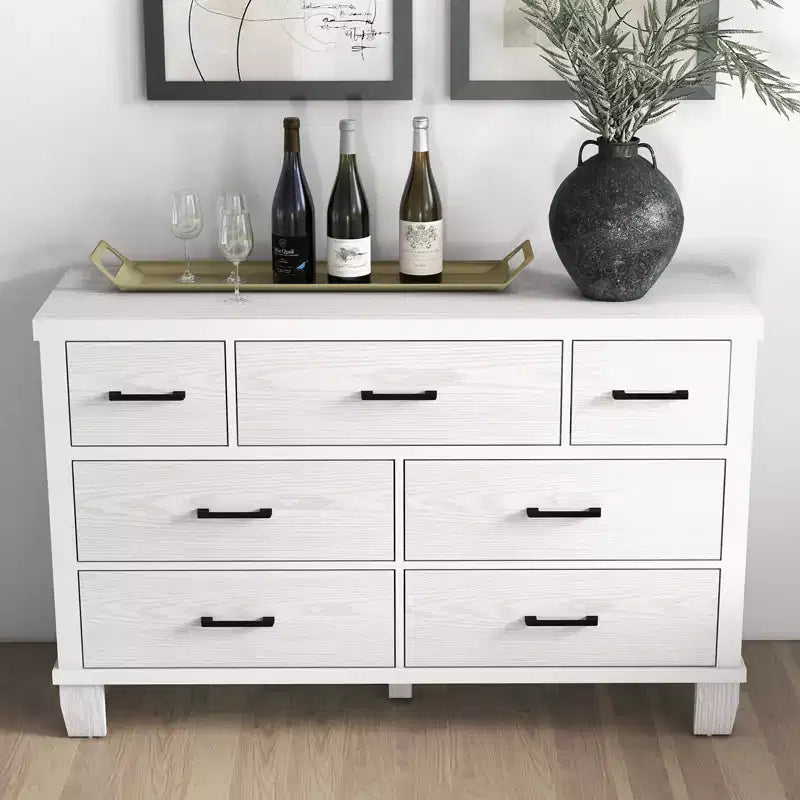 Comò a 7 cassetti, cassettiera moderna in legno per camera da letto con cassetti contenitori, mobile TV in stile rustico per soggiorno, camera da letto, corridoio, bianco