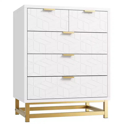 5-Drawer Dresser, Modern Wooden Bedroom Chest of Drawers With Storage Drawers, Farmhouse Style TV Stand for Living Room, Bedroom, Hallway, White