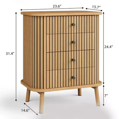 Cassettiere a 4 cassetti, comò per camera da letto, comodino, ampio contenitore, comò bohémien in vimini con maniglie nere opache e gambe in legno