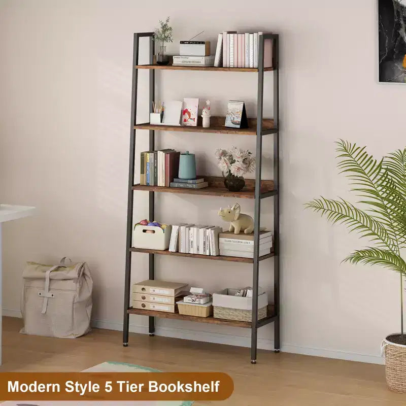Libreria stretta a 5 ripiani alta 170 cm con struttura in metallo, organizer color marrone rustico