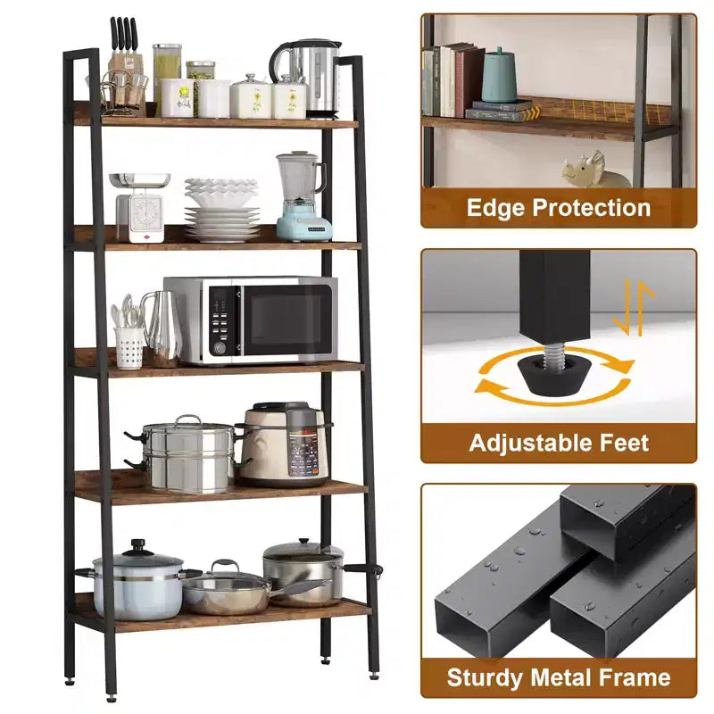 Libreria stretta a 5 ripiani alta 170 cm con struttura in metallo, organizer color marrone rustico