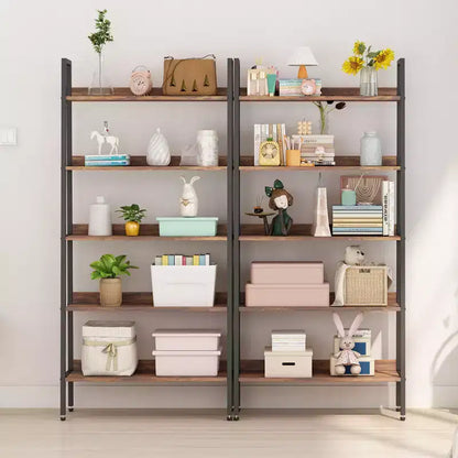 Libreria stretta a 5 ripiani alta 170 cm con struttura in metallo, organizer color marrone rustico