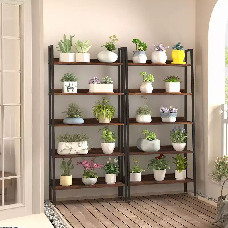Libreria stretta a 5 ripiani alta 170 cm con struttura in metallo, organizer color marrone rustico