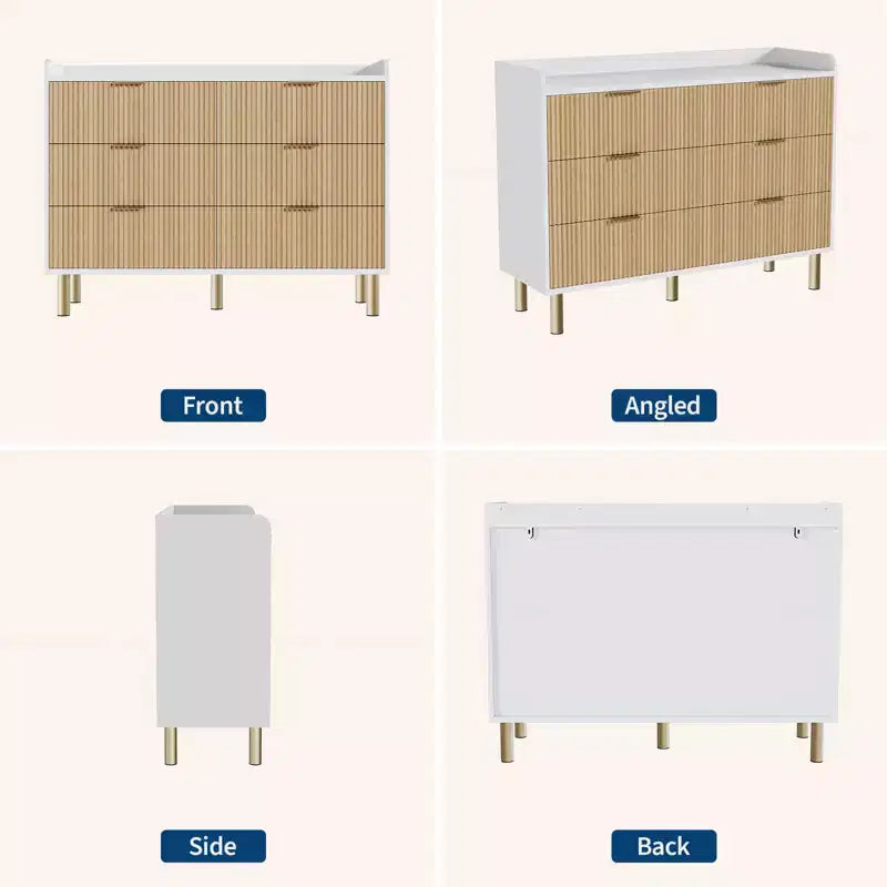 Cassettiera da camera da letto, 47.2 Cassettiera doppia in legno scanalato con maniglie in metallo, design curvo, armadio contenitore ampio, mobile contenitore doppio in legno