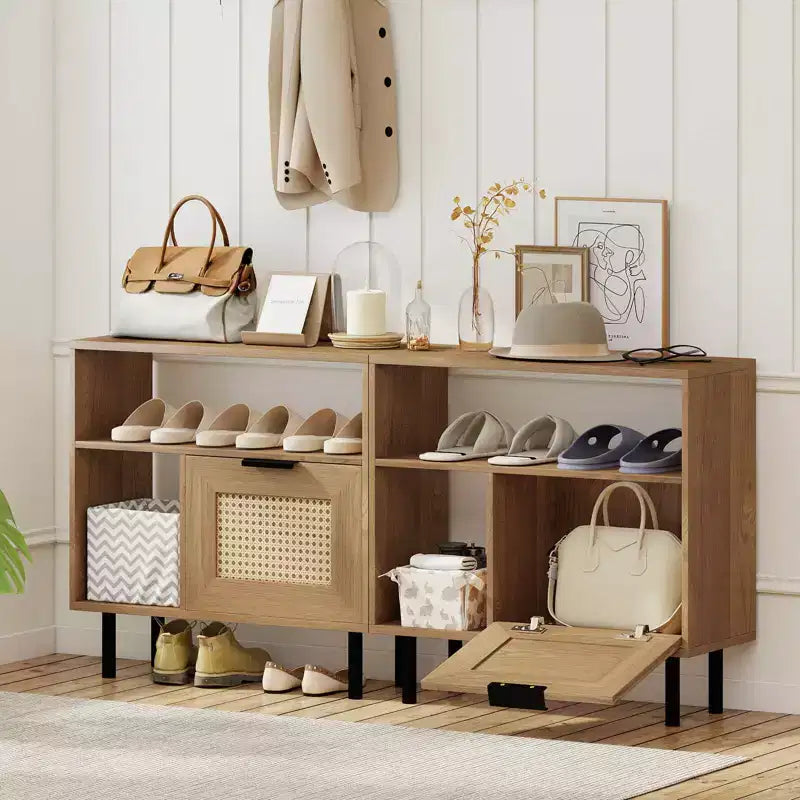 Comodino Boho in Rattan con Ripiano, Armadietto e Gambe in Metallo