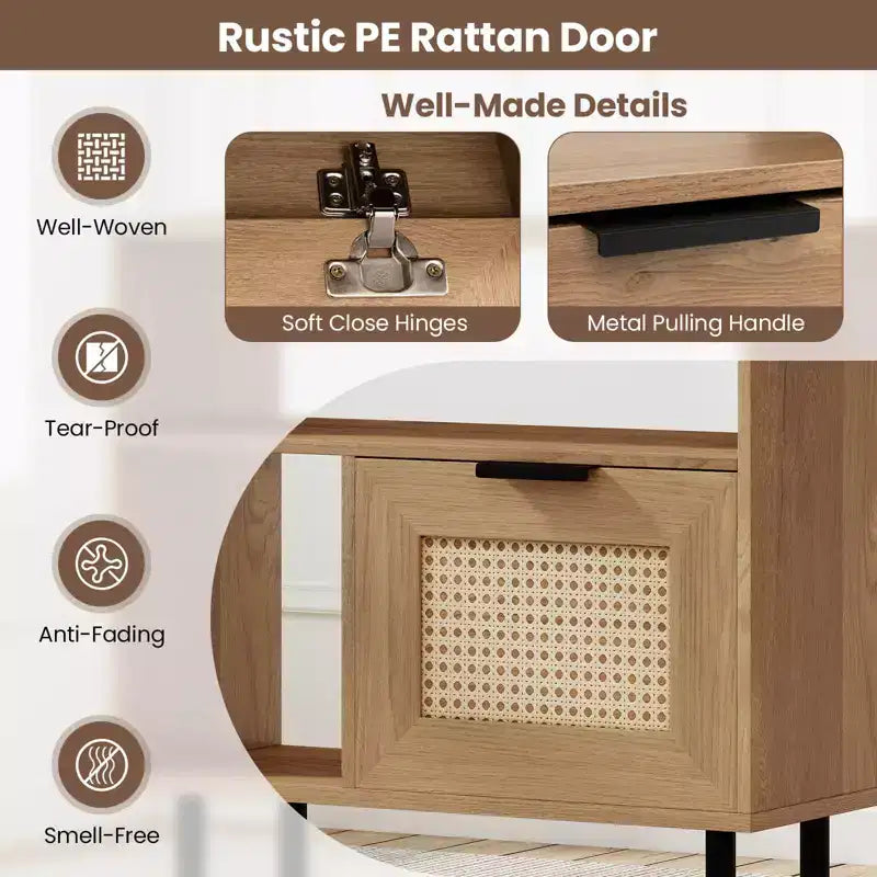 Comodino Boho in Rattan con Ripiano, Armadietto e Gambe in Metallo